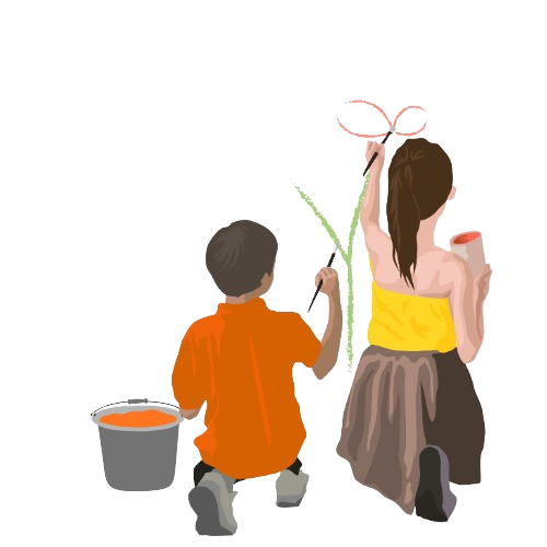 Two kids painting with a bucket of orange paint